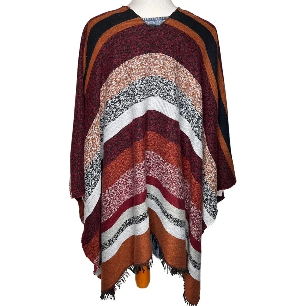Andrew Mark Aztec Print Large Fringe Shawl Cape Wrap Autumn Colors Stripes Scarf